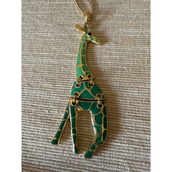 Gold-Tone Giraffe Pendant Necklace With Green Enamel On Long Chain - Picture 4 of 15